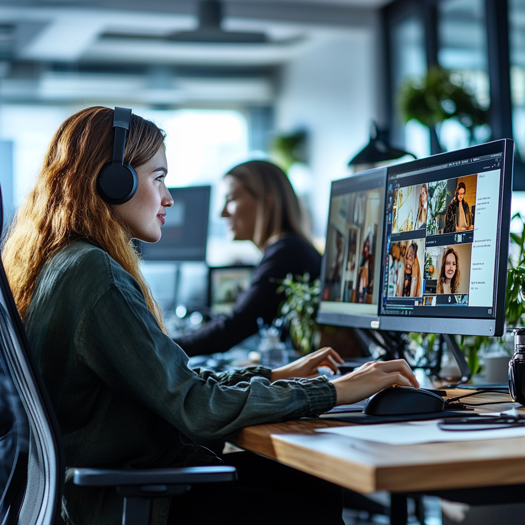 Two people in virtual meeting, supporting each other