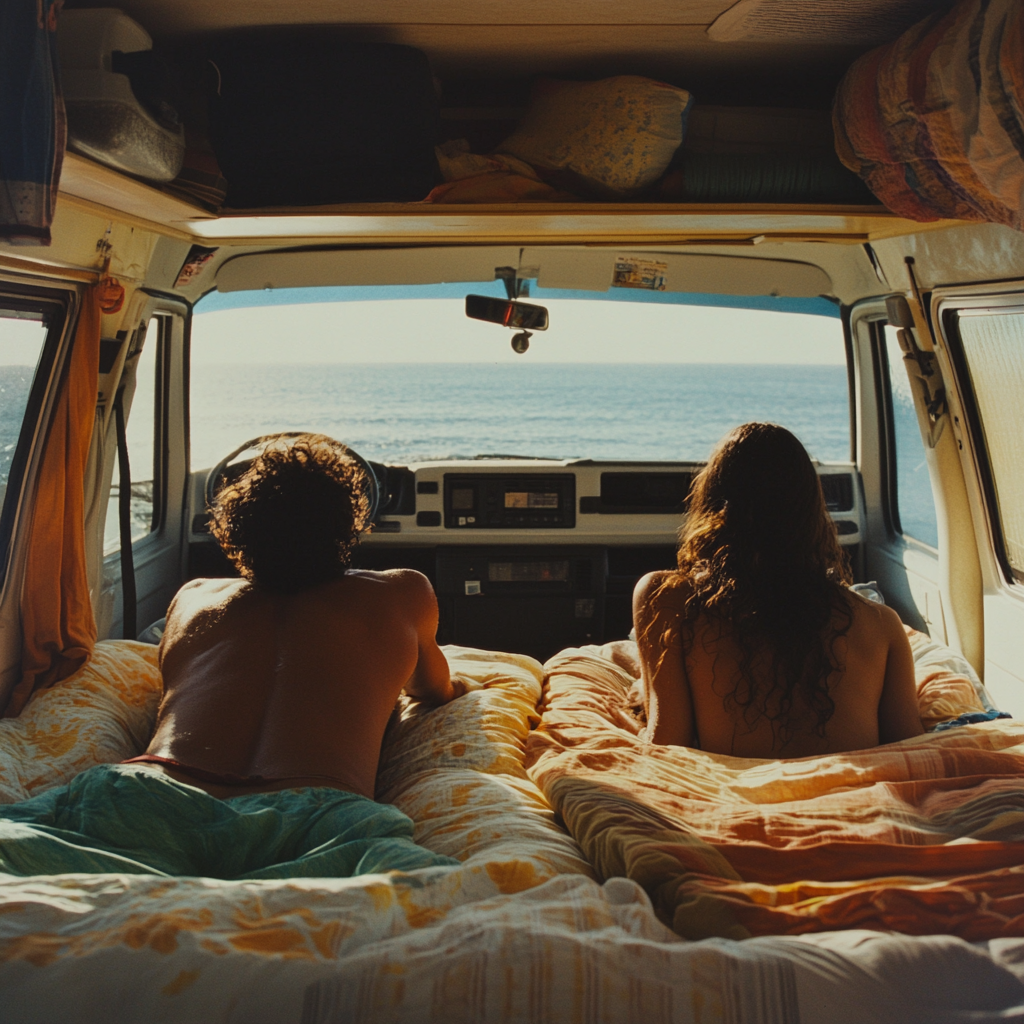 Two people laying in bed inside camper van