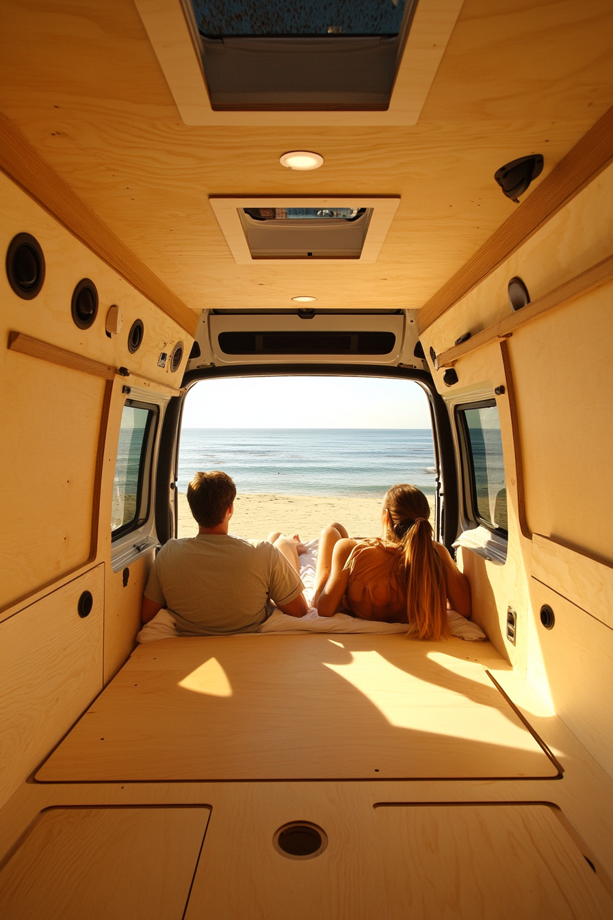 Two people relaxing in professional Campervan interior