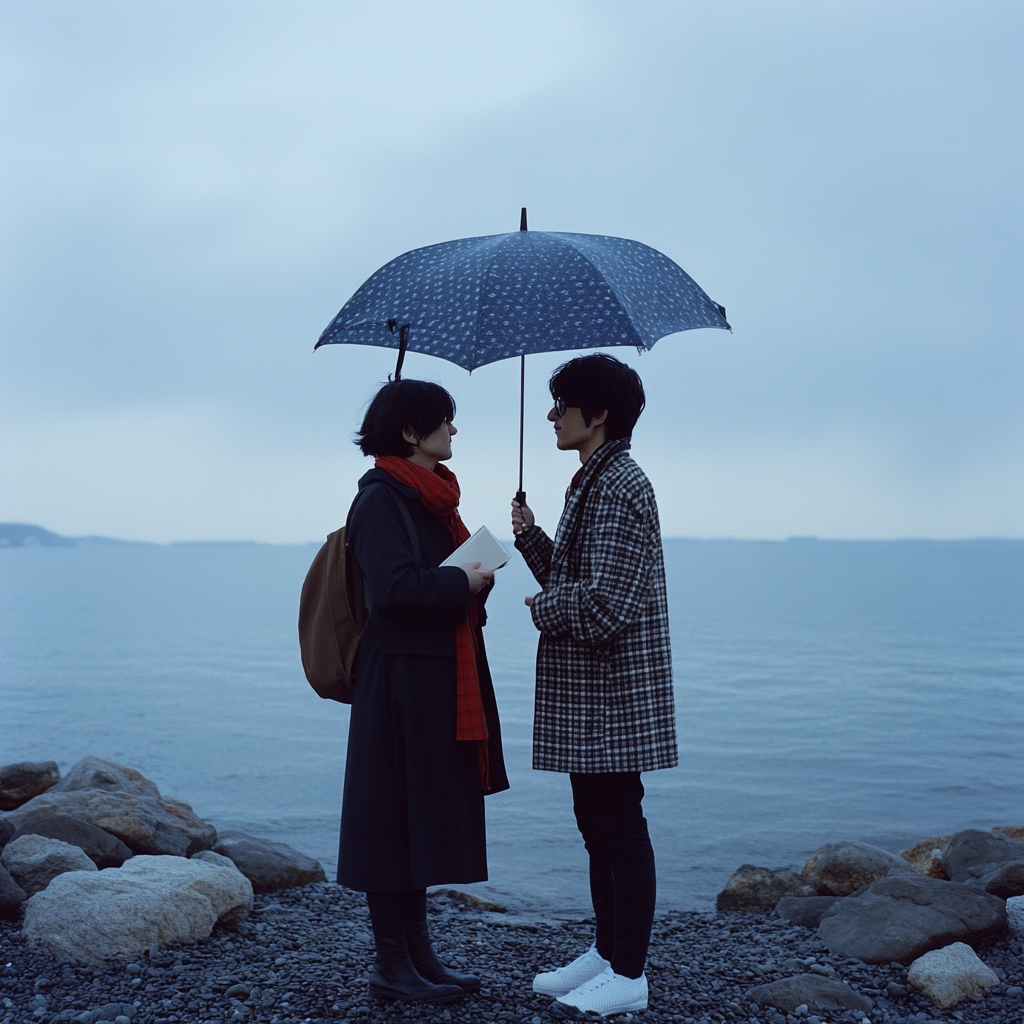 Two people standing on beach under rainy sky.