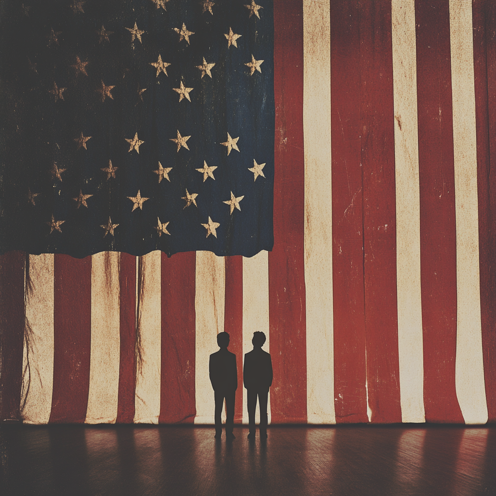 Two people standing under large American flag curtain