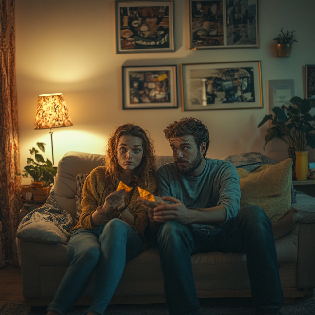 Two people with multiple arms eating crisps on sofa