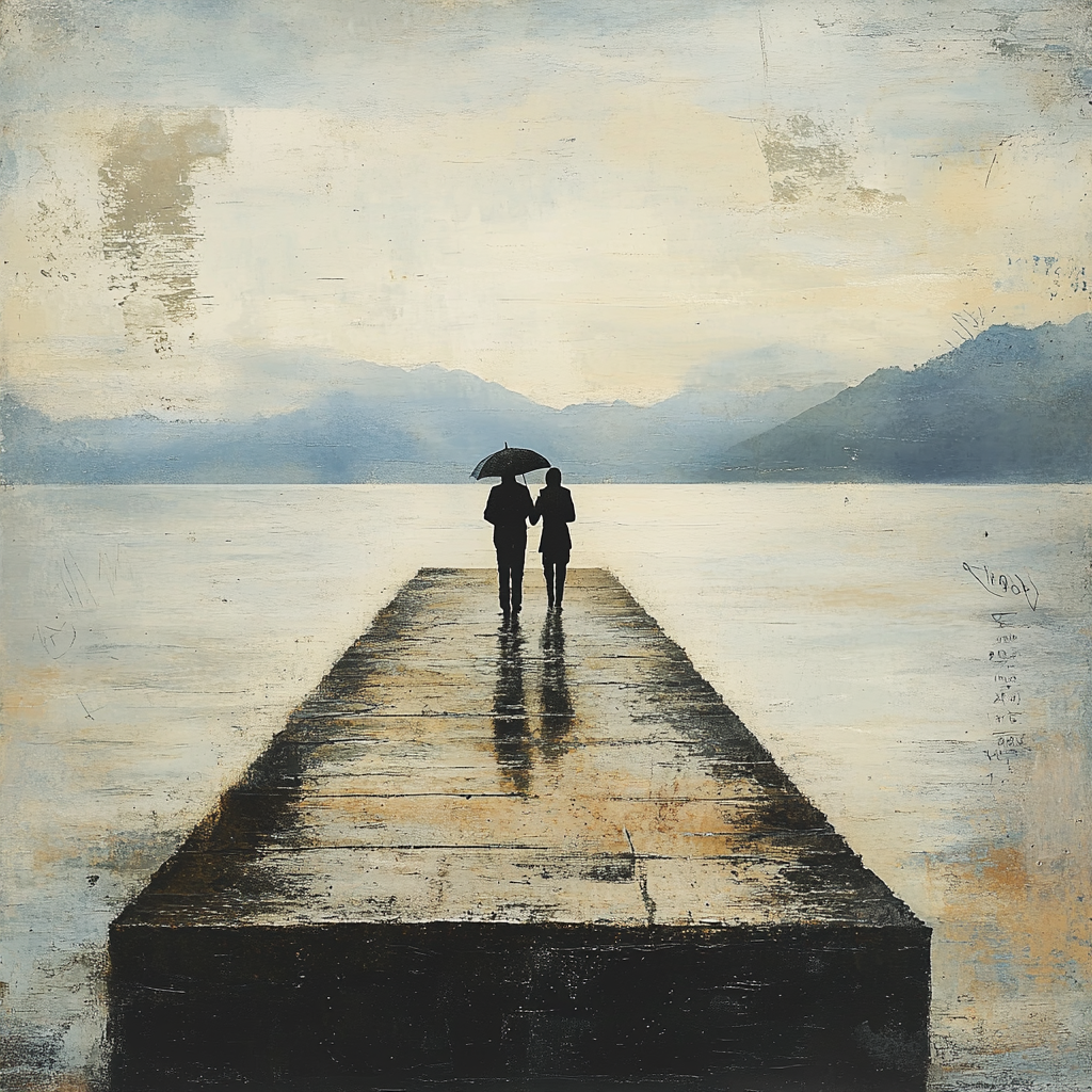 Two people with umbrella strolling on pier.