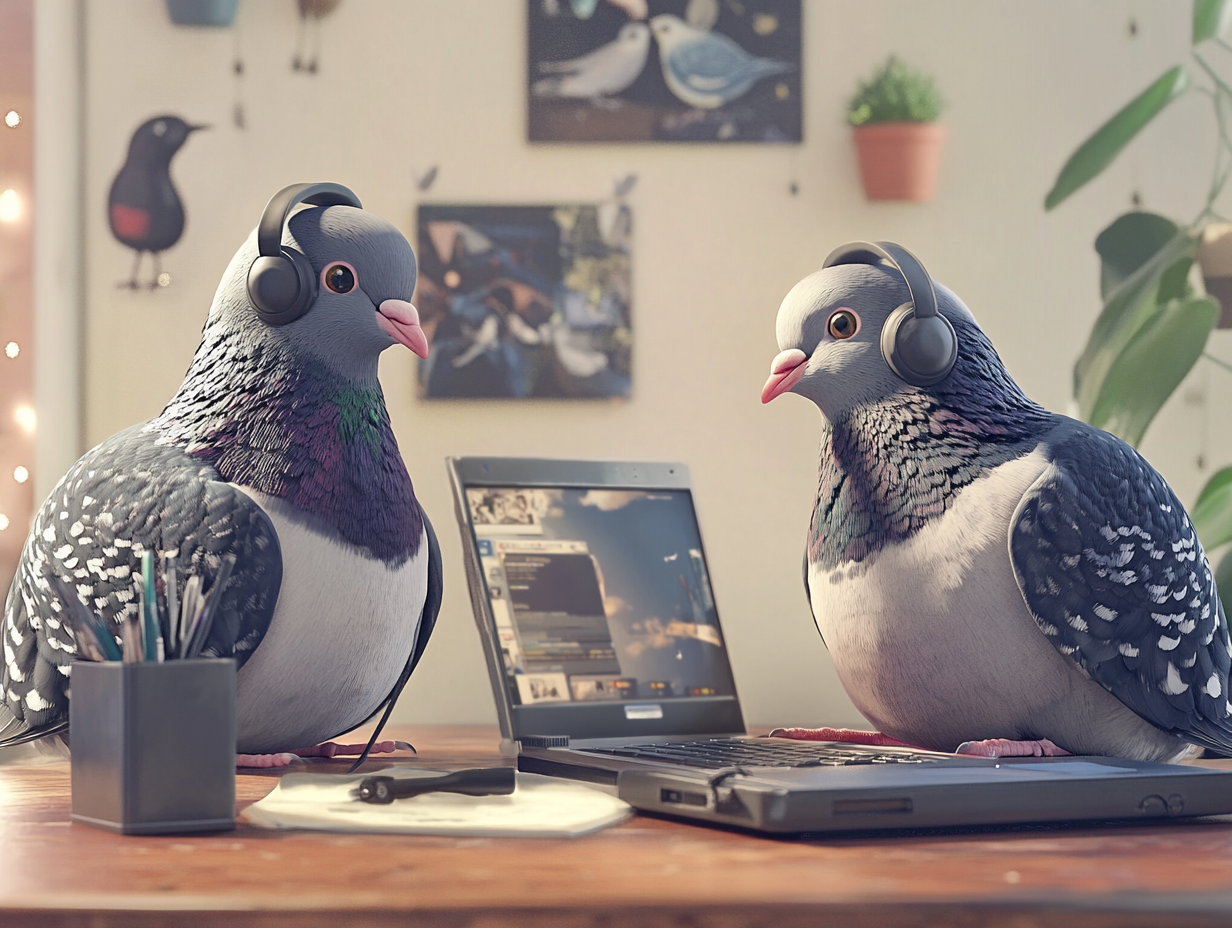 Two pigeons have office conversation by phone.