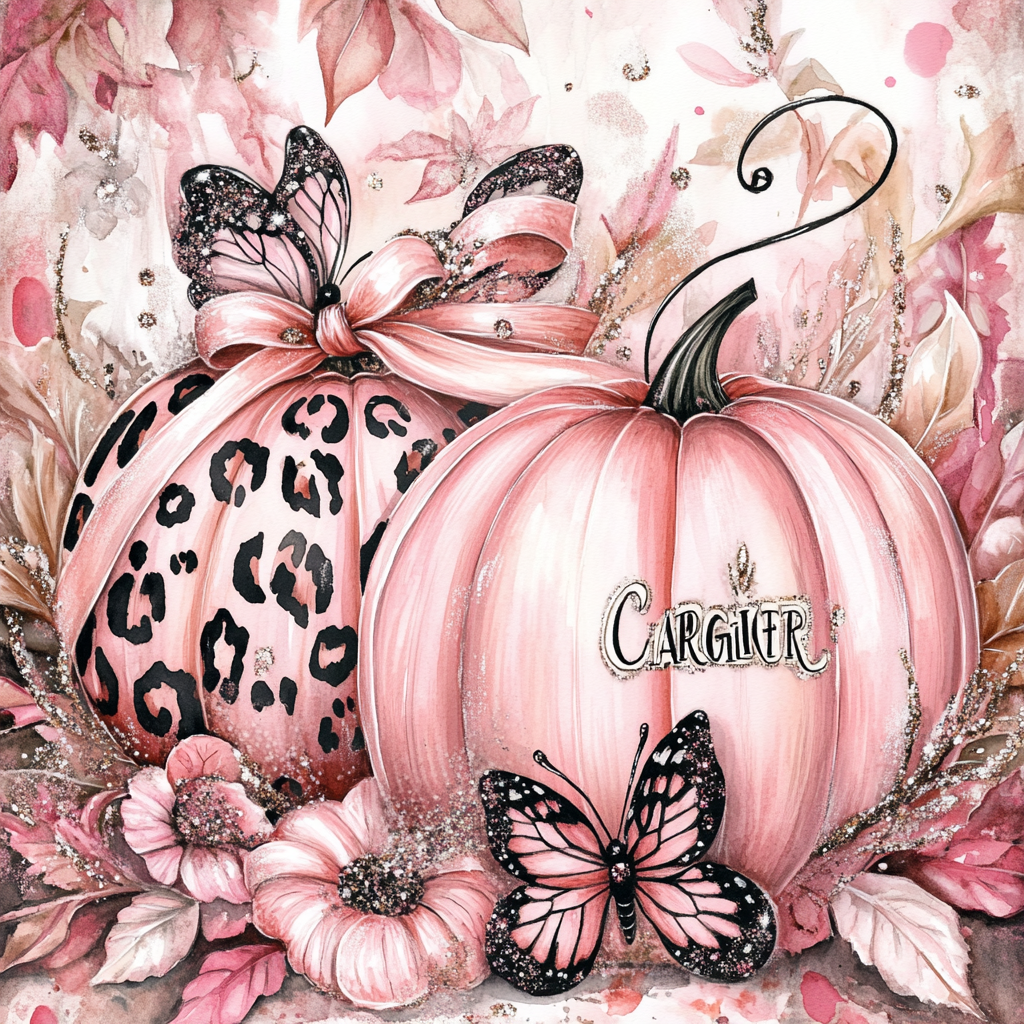 Two pink sparkly pumpkins with ribbons and butterflies.