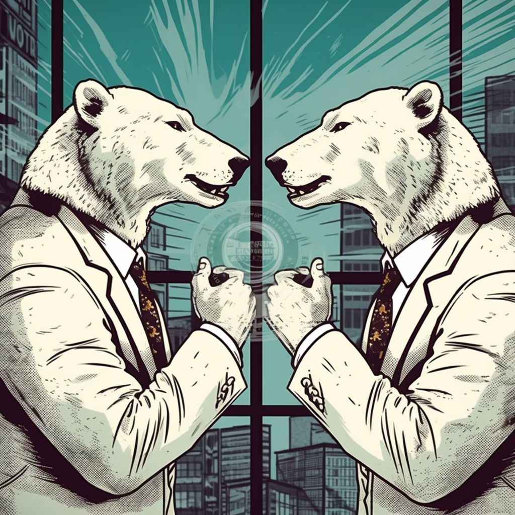 Two polar bears in suits point dramatically