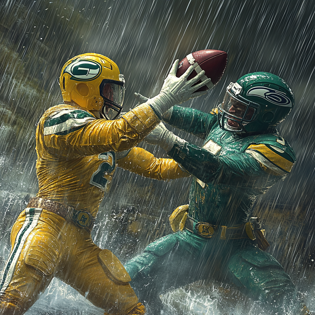 Two power rangers battle in rainstorm, themed suits.