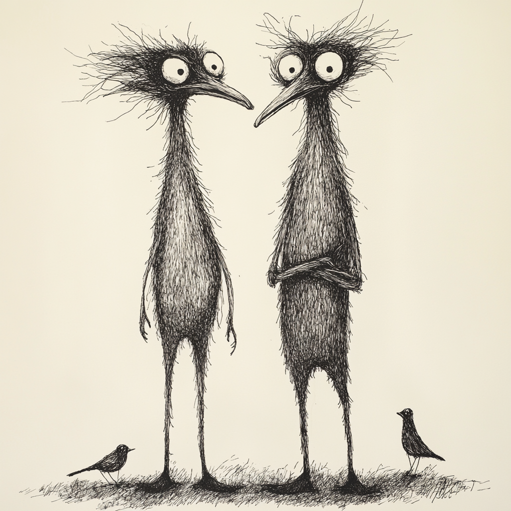 Two quirky puppet characters with exaggerated features