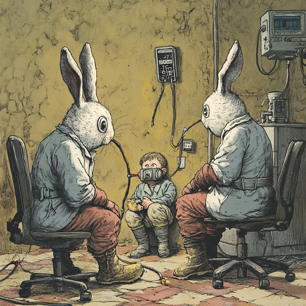 Two rabbits fixing wire near scared boy in lab.