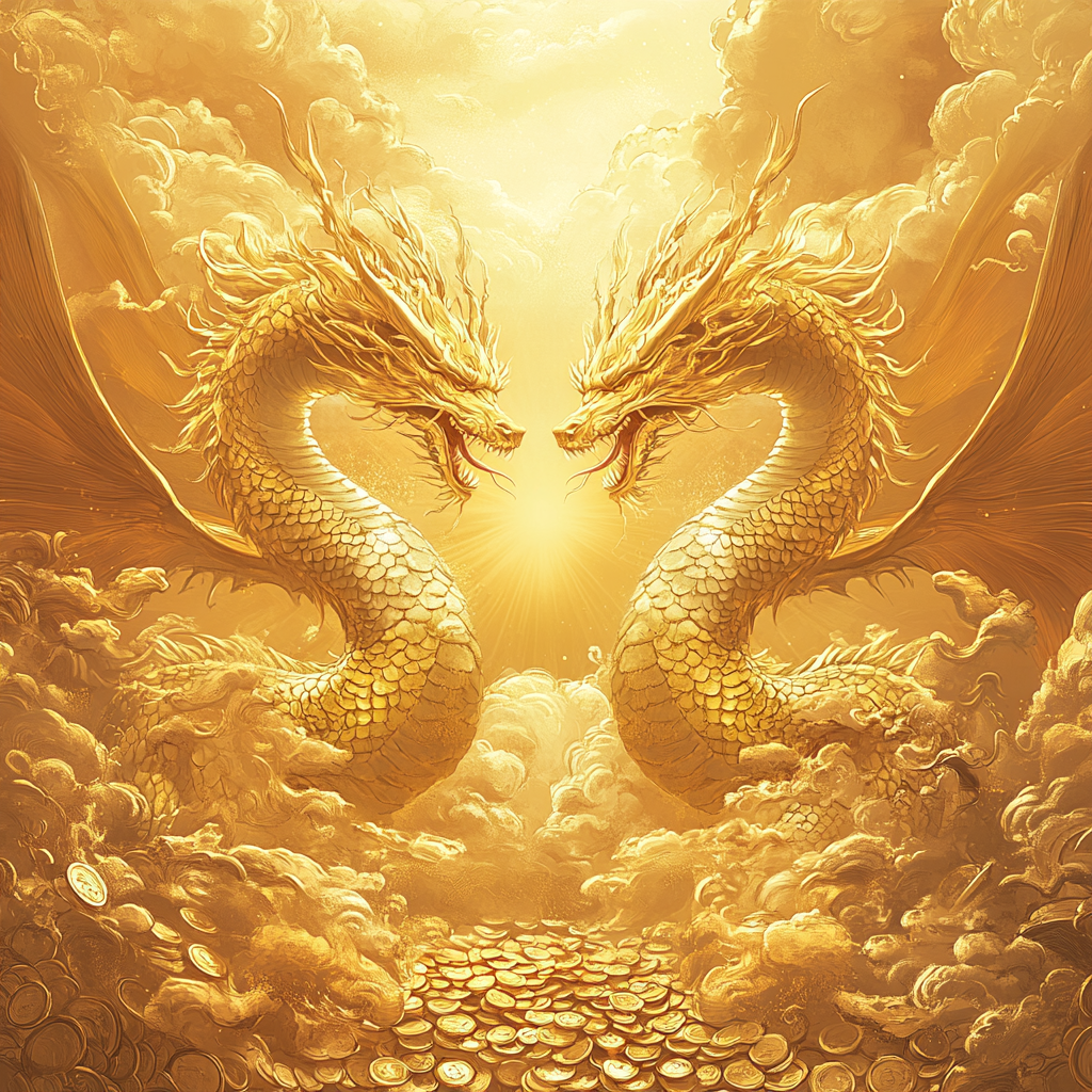 Two roaring golden dragons on shimmering gold with clouds