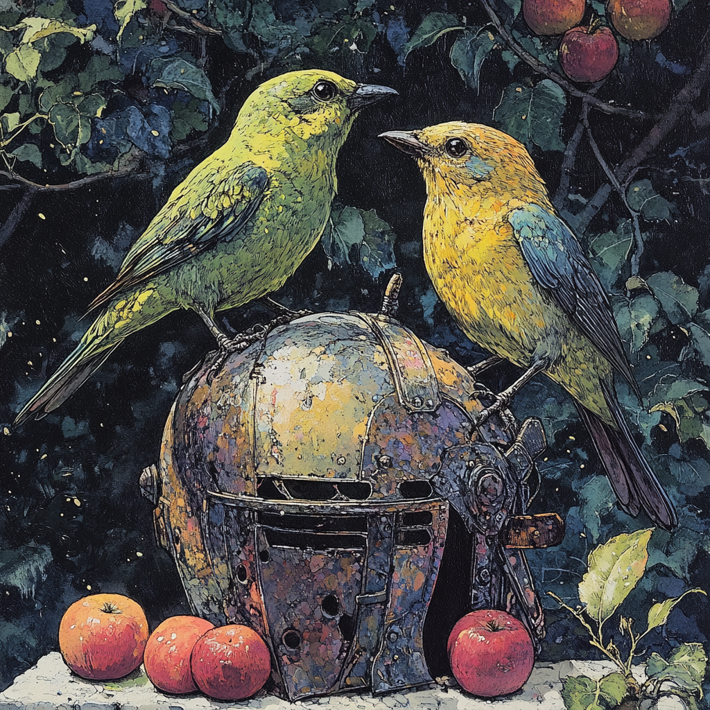 Two songbirds perched on knight's helmet under apple tree