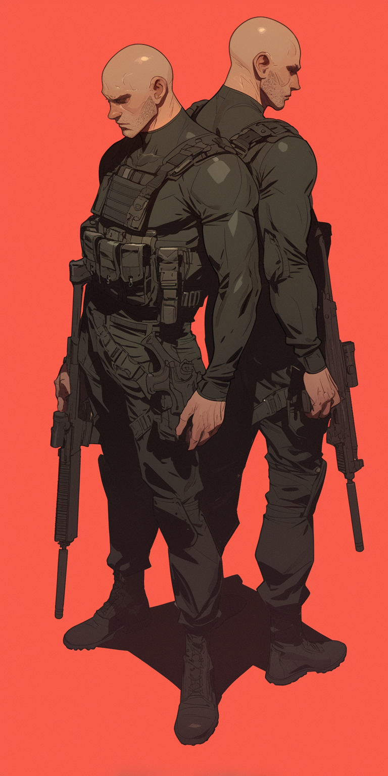 Two strong soldiers in black, standing together