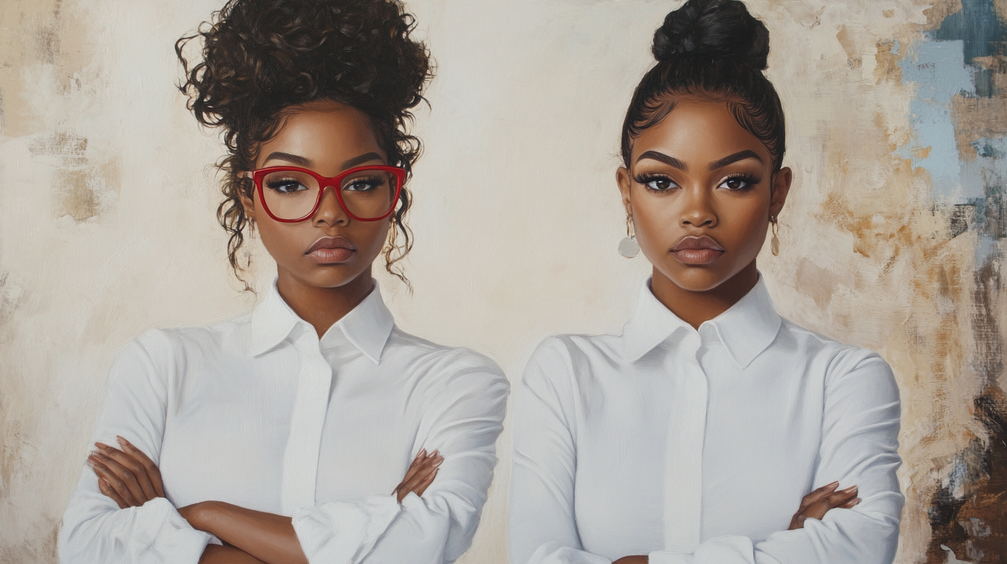 Two stylish African American women wearing white shirts.