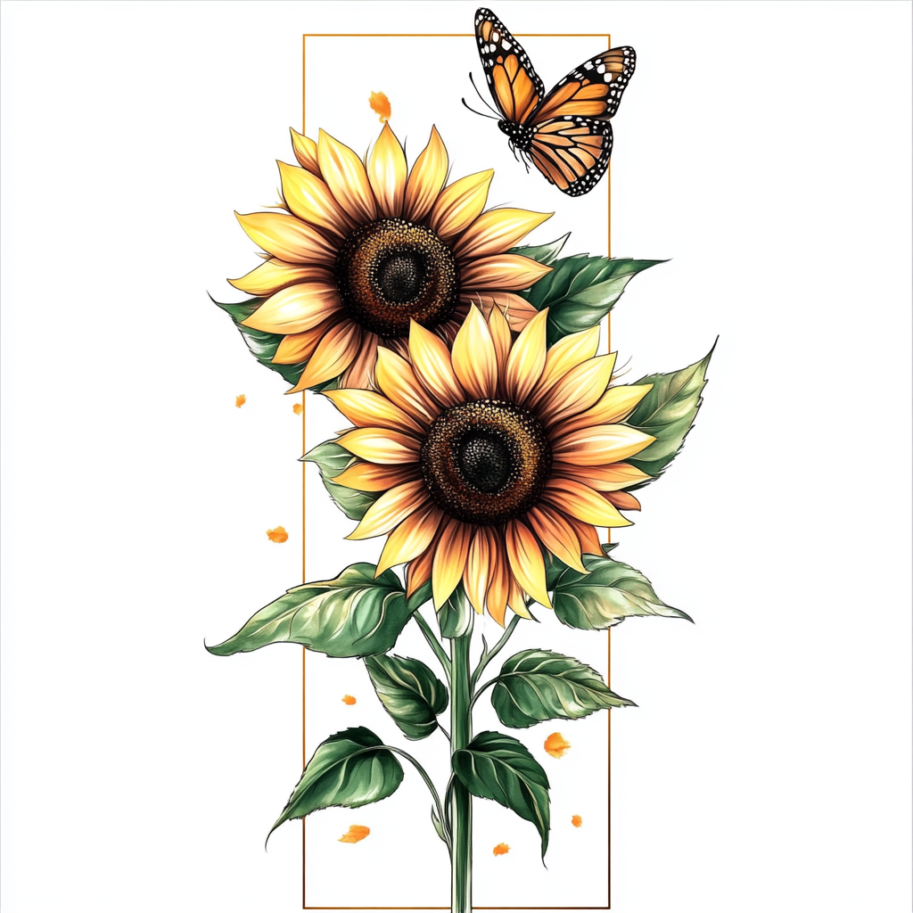 Two sunflowers and a butterfly tattoo design.