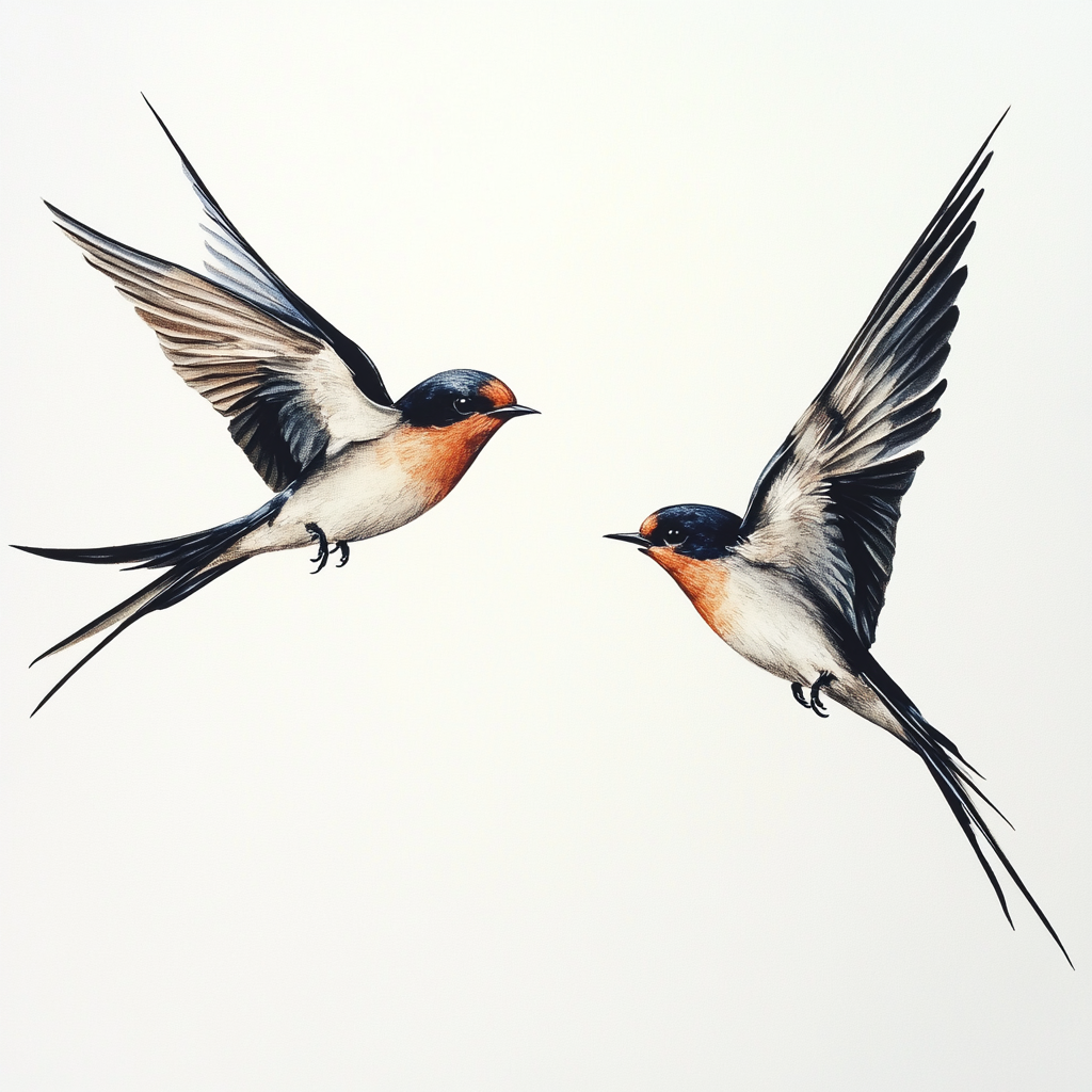 Two swallow birds flying, interacting in dramatic fight.