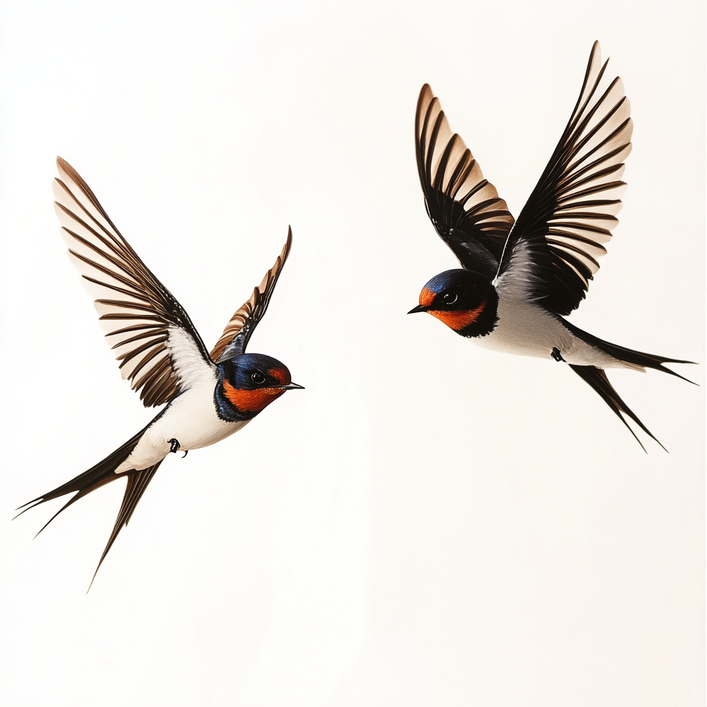 Two swallow birds flying, representing light and darkness.