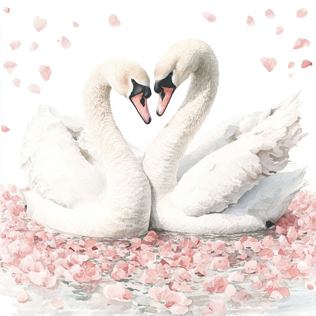 Two swans forming heart surrounded by pink petals