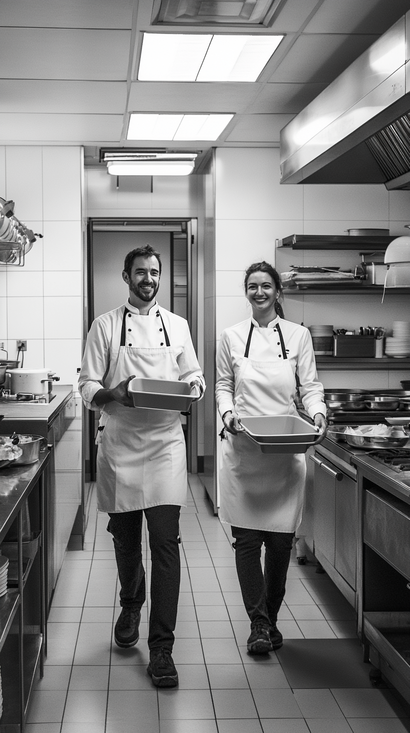 Two teachers happily leaving kitchen with takeout food.