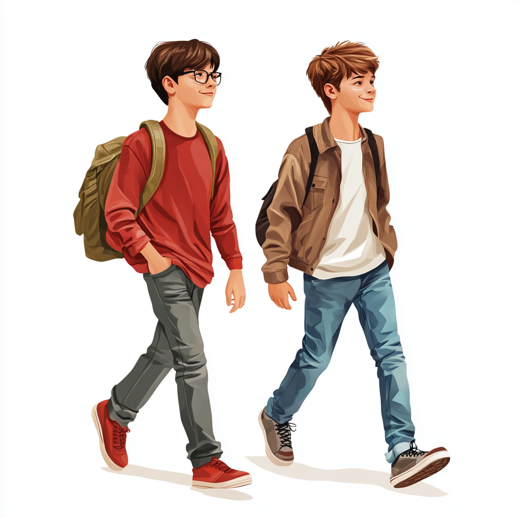 Two teenage boys, Asian and European, walking together happily.