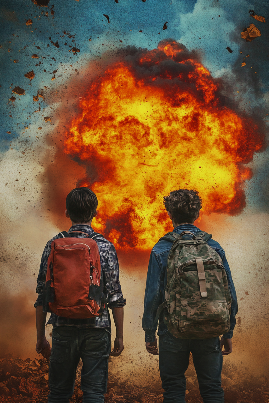 Two teenage boys with backpack in post-apocalyptic scene