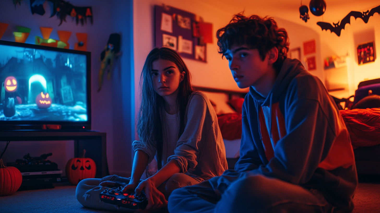 Two teenagers playing horror video games in bedroom.