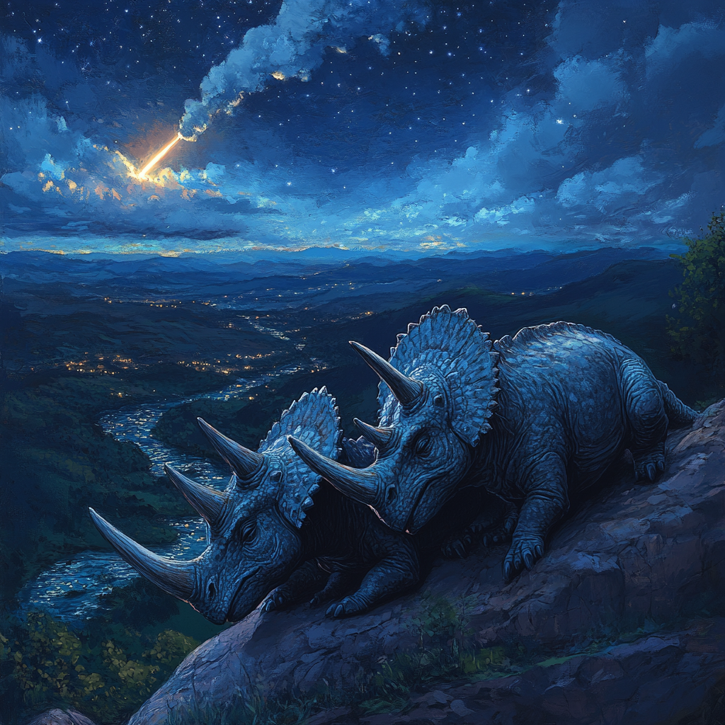 Two triceratops crying on mountain at night.