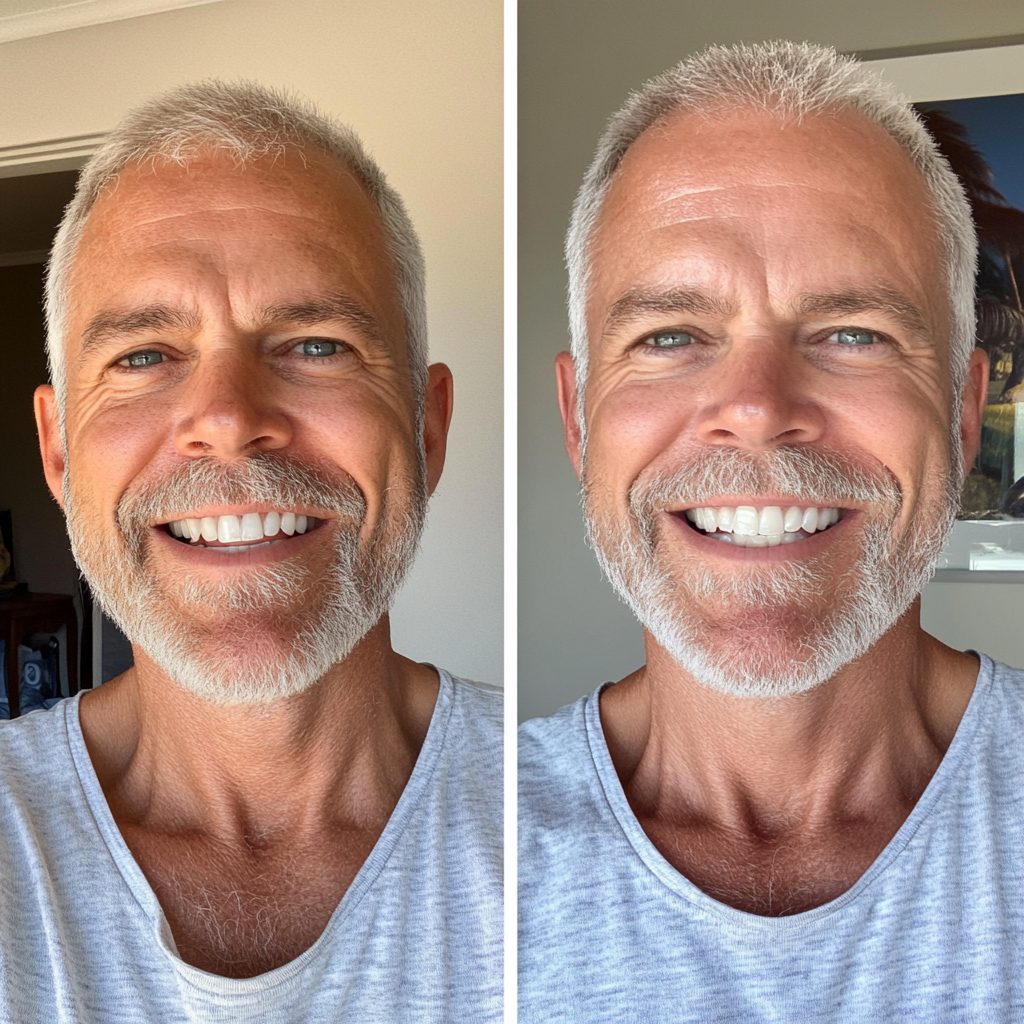 Two versions of 50-year-old man, tired and healthy.