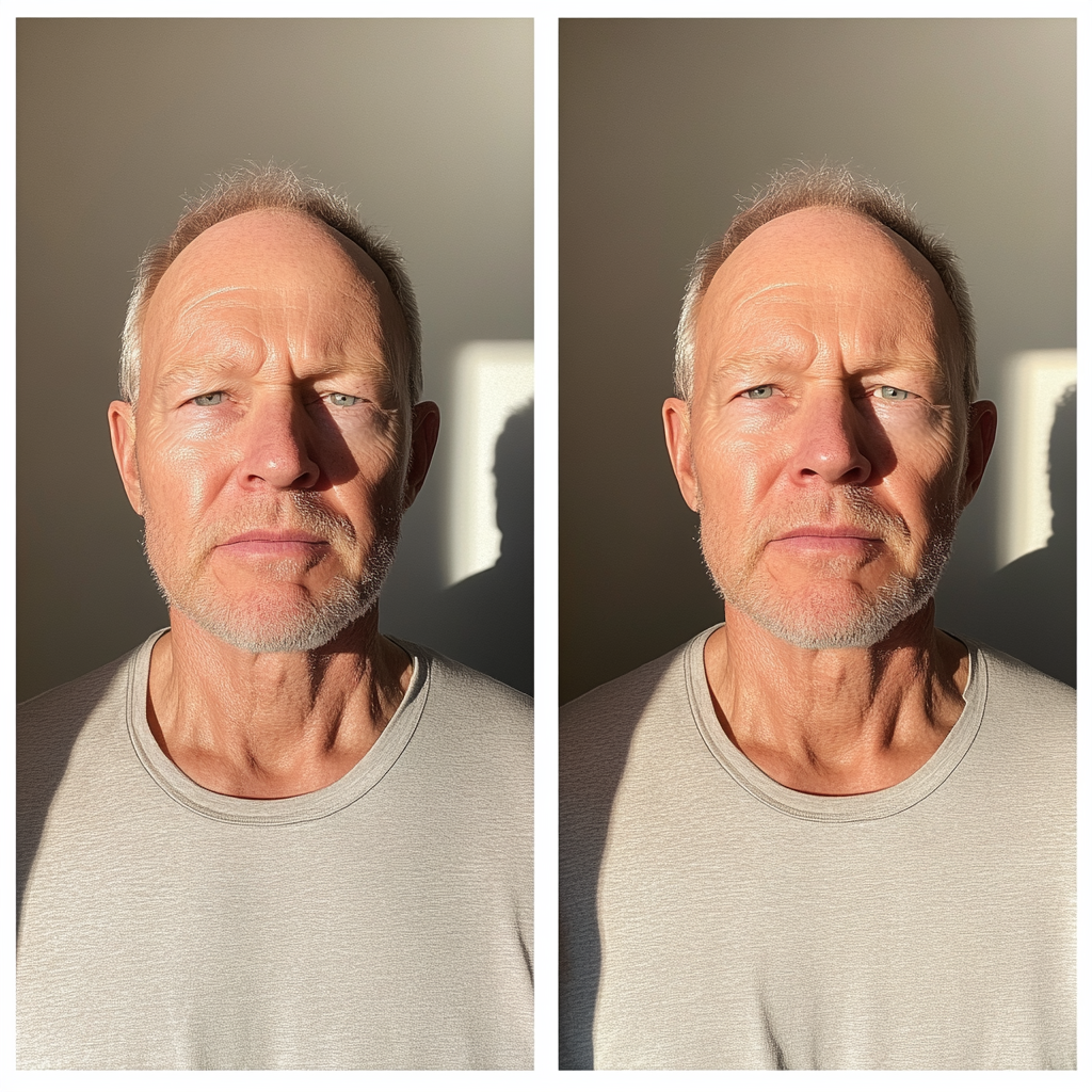 Two versions of 50-year-old man: tired vs healthy.