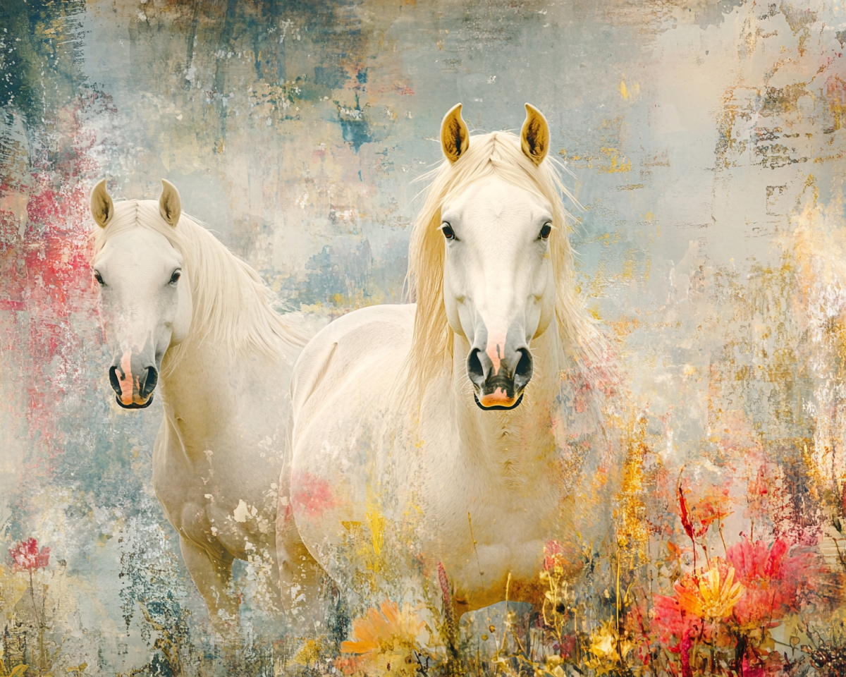 Two white horses dancing in watercolor dream