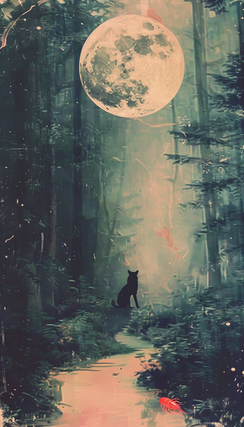 Two wolves howling at moon next to mystical path.