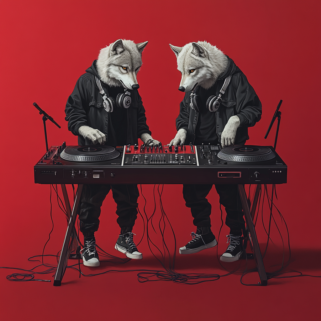 Two wolves in cool outfits on giant turntable