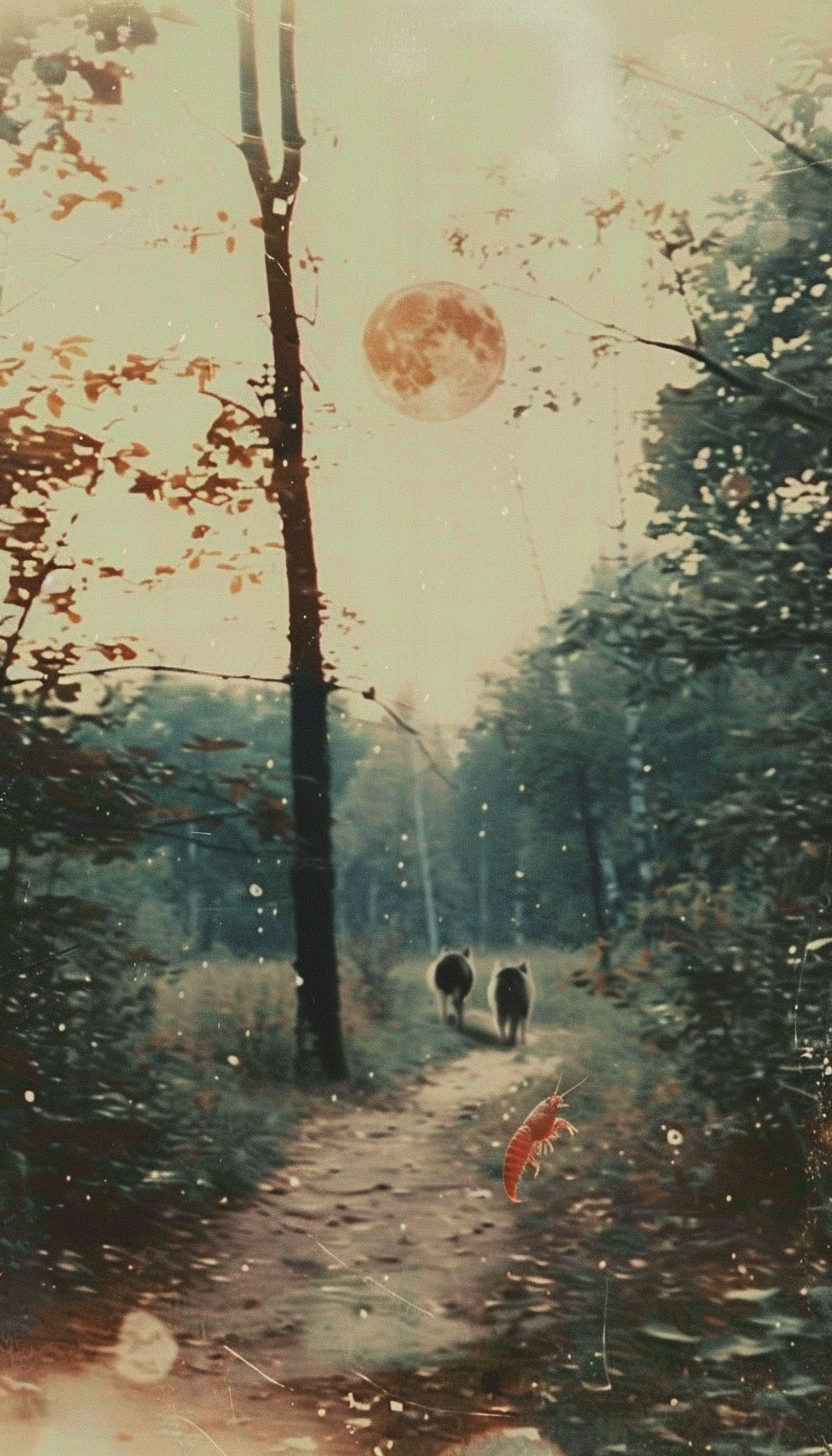 Two wolves in moonlit forest with crayfish in foreground.