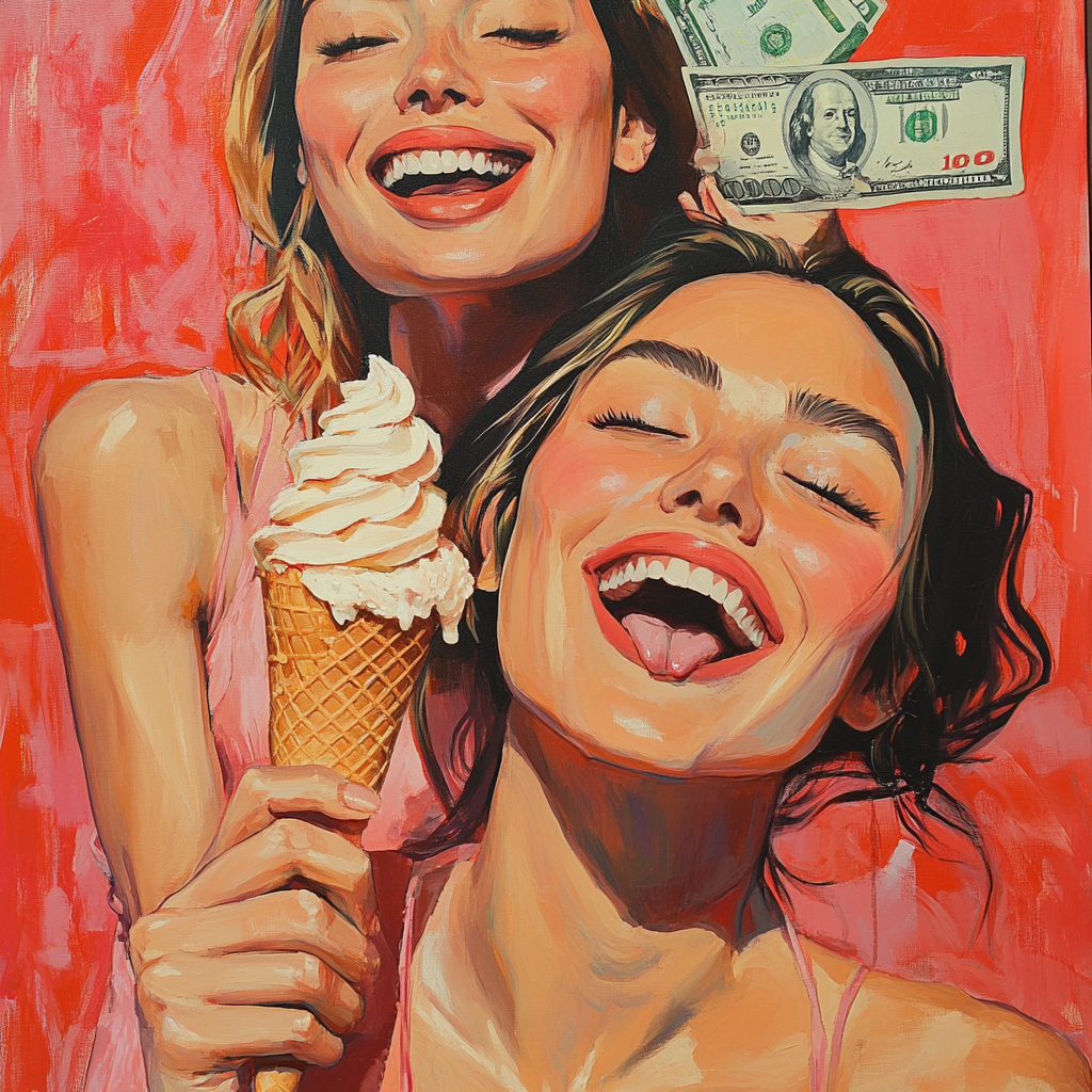 Two women, one with ice cream, one with money.