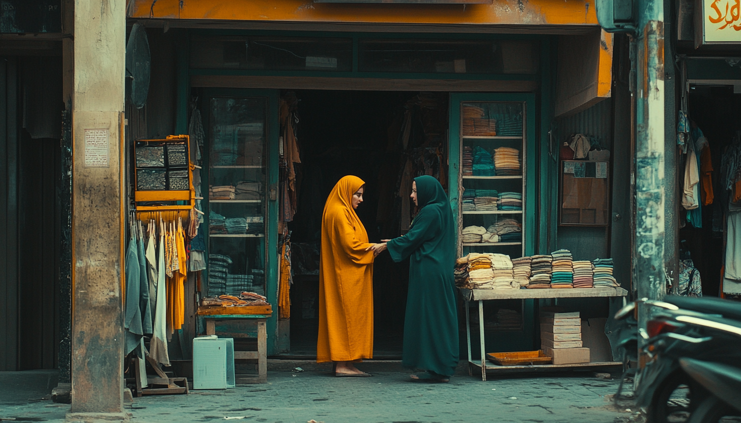 Two women arguing in Middle Eastern marketplace, cinematic shot