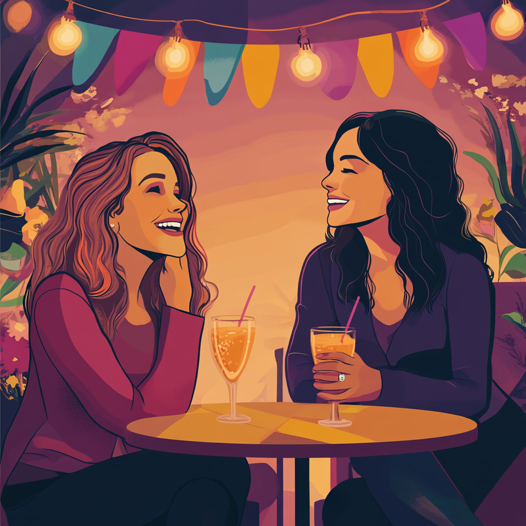 Two women enjoying evening soirée, connecting in welcoming environment.