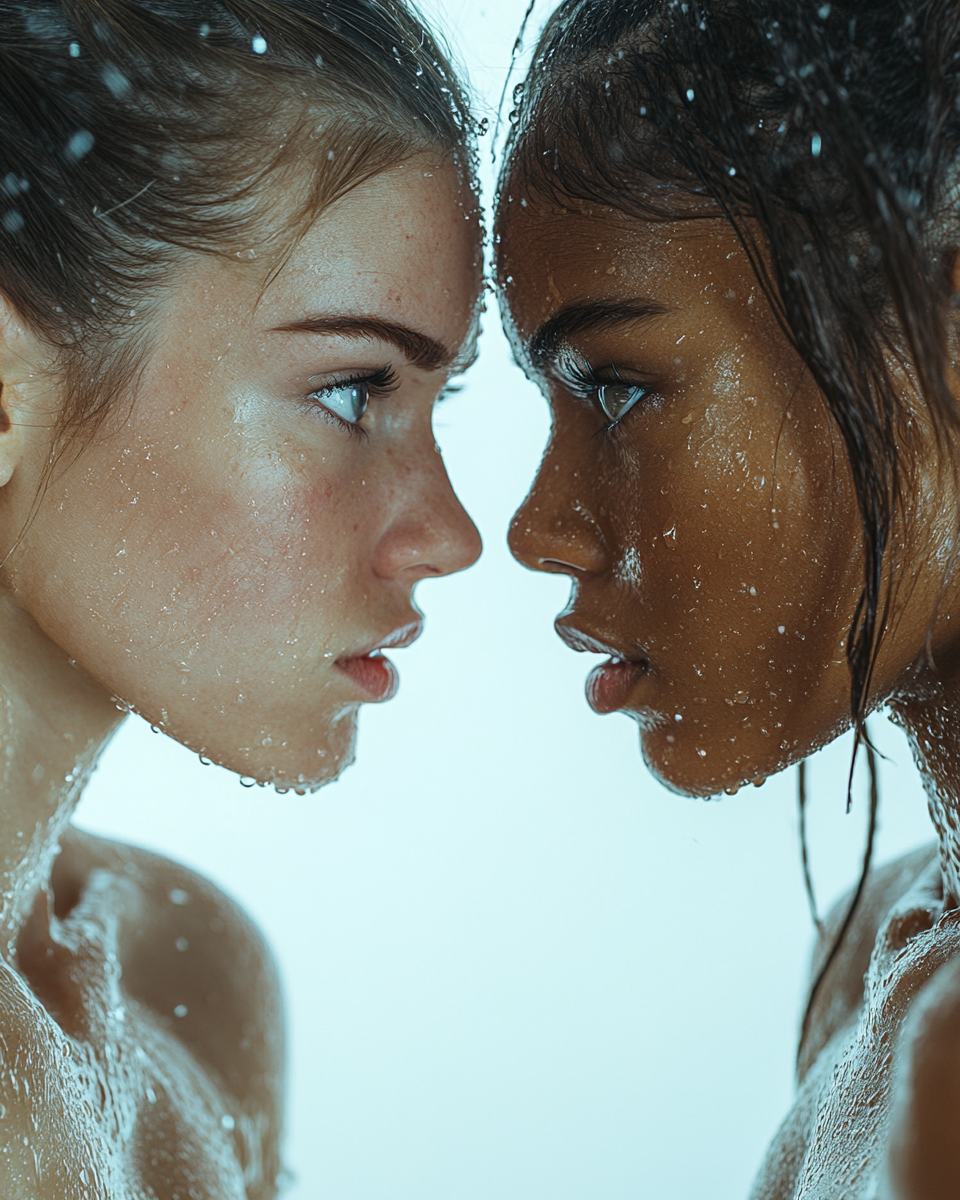 Two women fighting with punches flying in action.