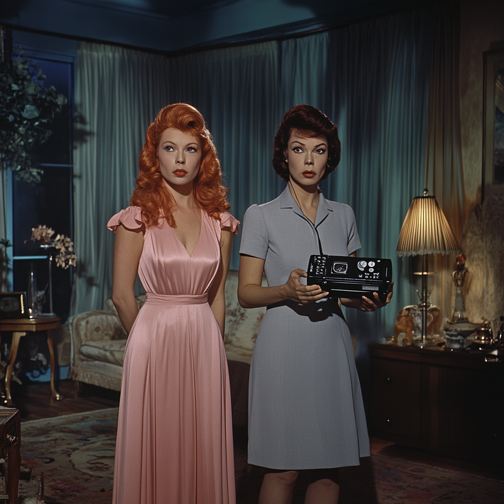 Two women in vintage living room at night.