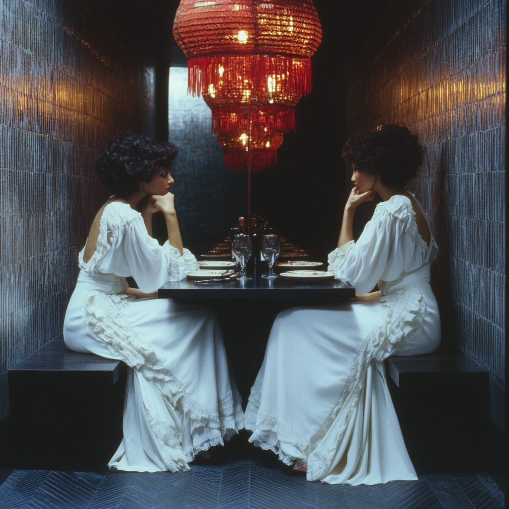 Two women in white dresses at black table.