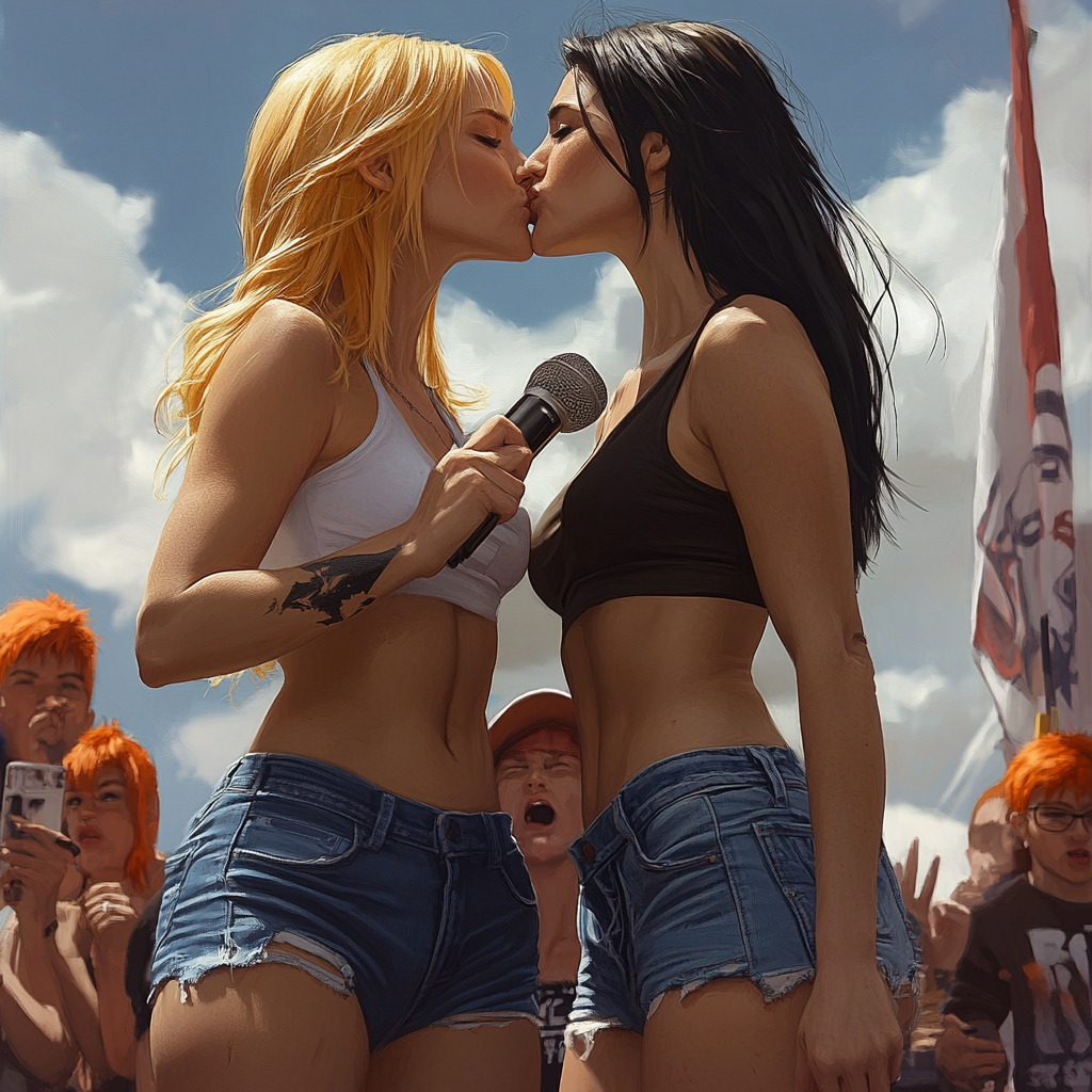 Two women kiss at rally with colorful speaker.