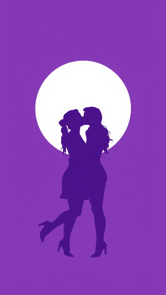 Two women kiss in purple and white art.