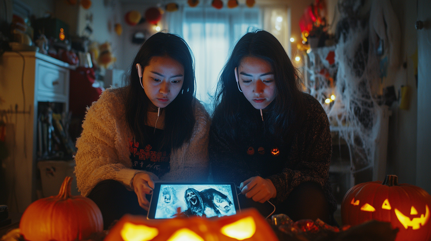 Two women listen to spooky podcast in Halloween room.