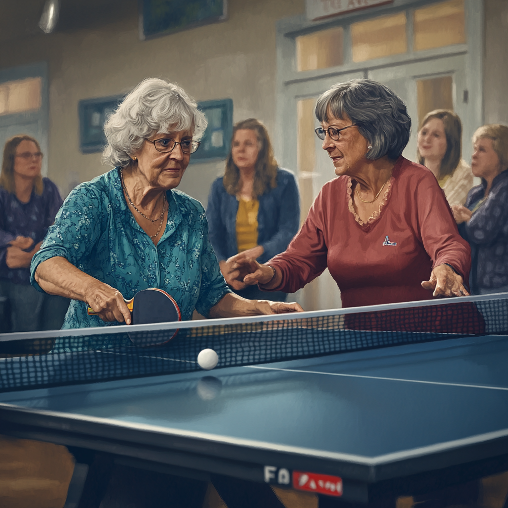 Two women playing ping pong while others watch closely.