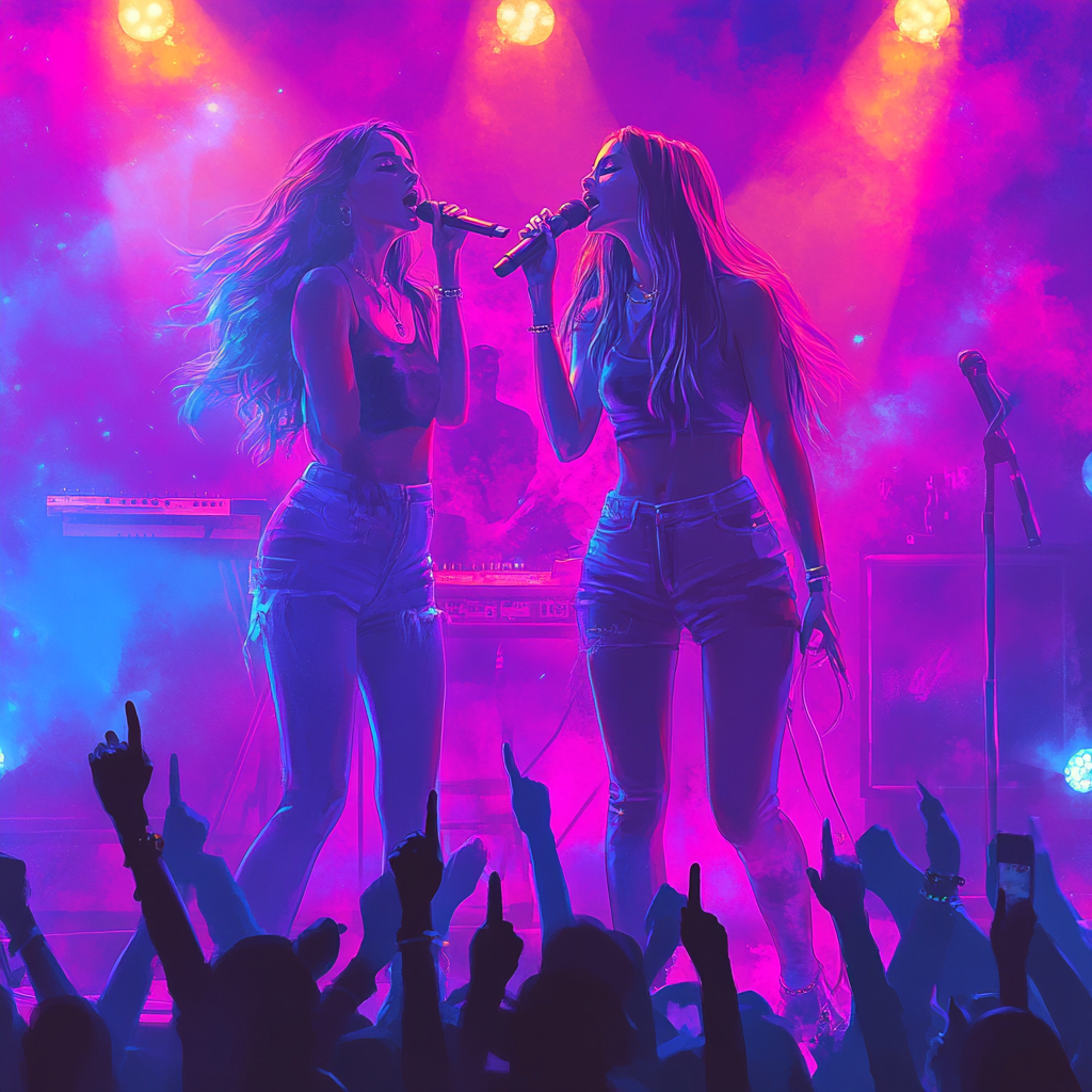 Two women sing on stage at concert