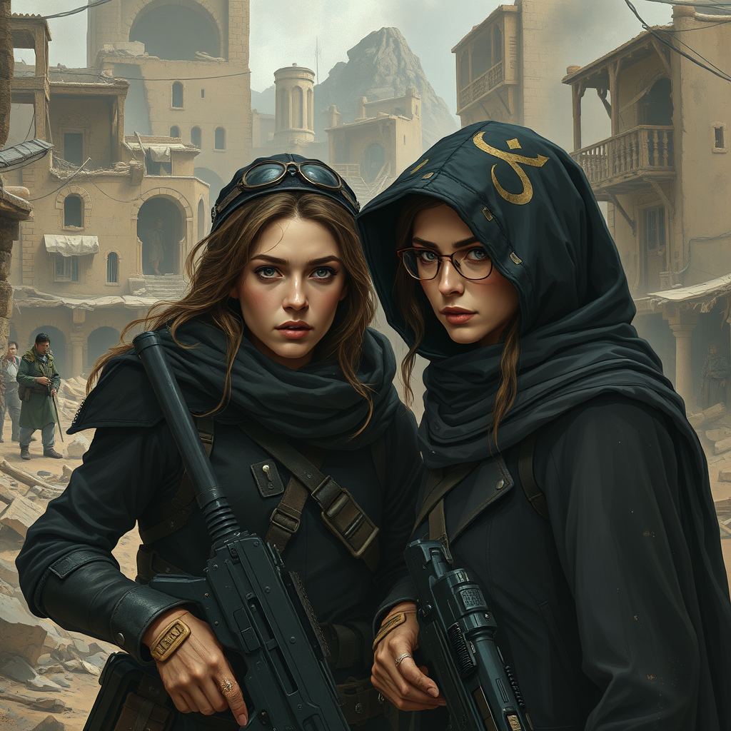 Two women soldiers in the ravaged city