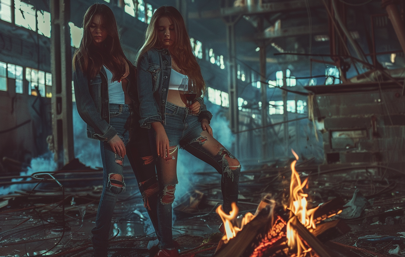 Two women stand by bonfire in factory, drinking wine.