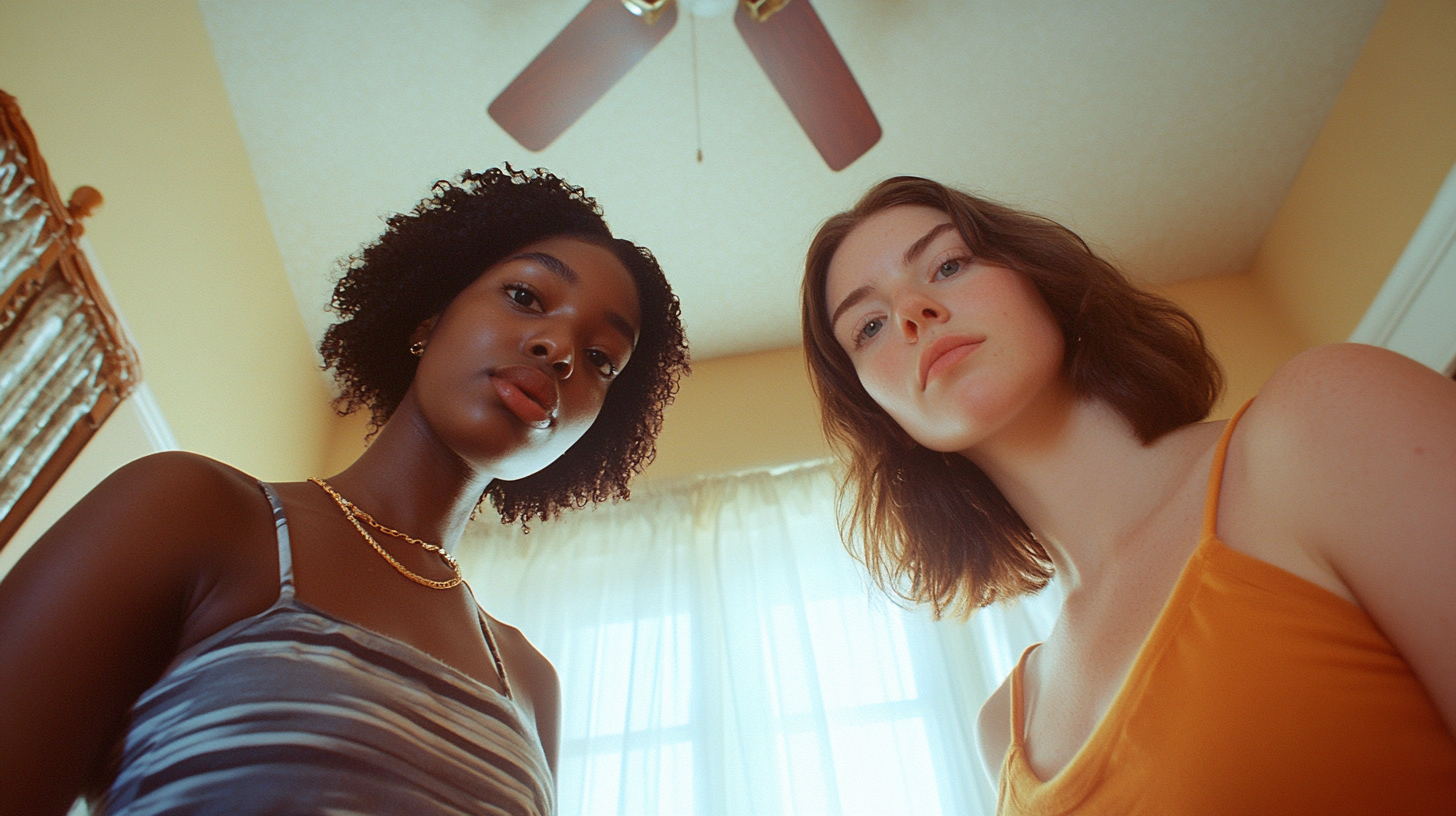 Two women standing in bedroom - A portrait.