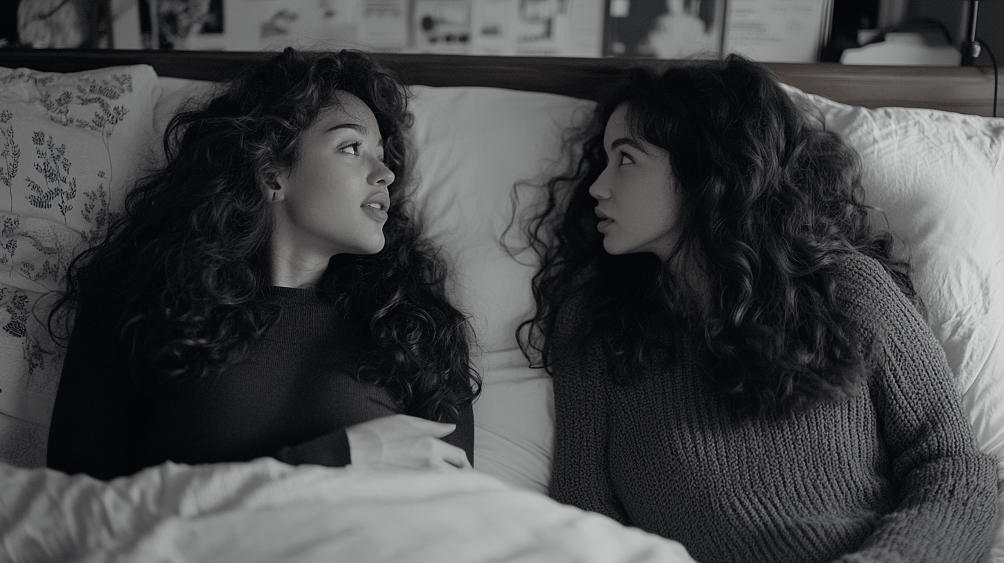 Two women talking in bed surrounded by British cities.