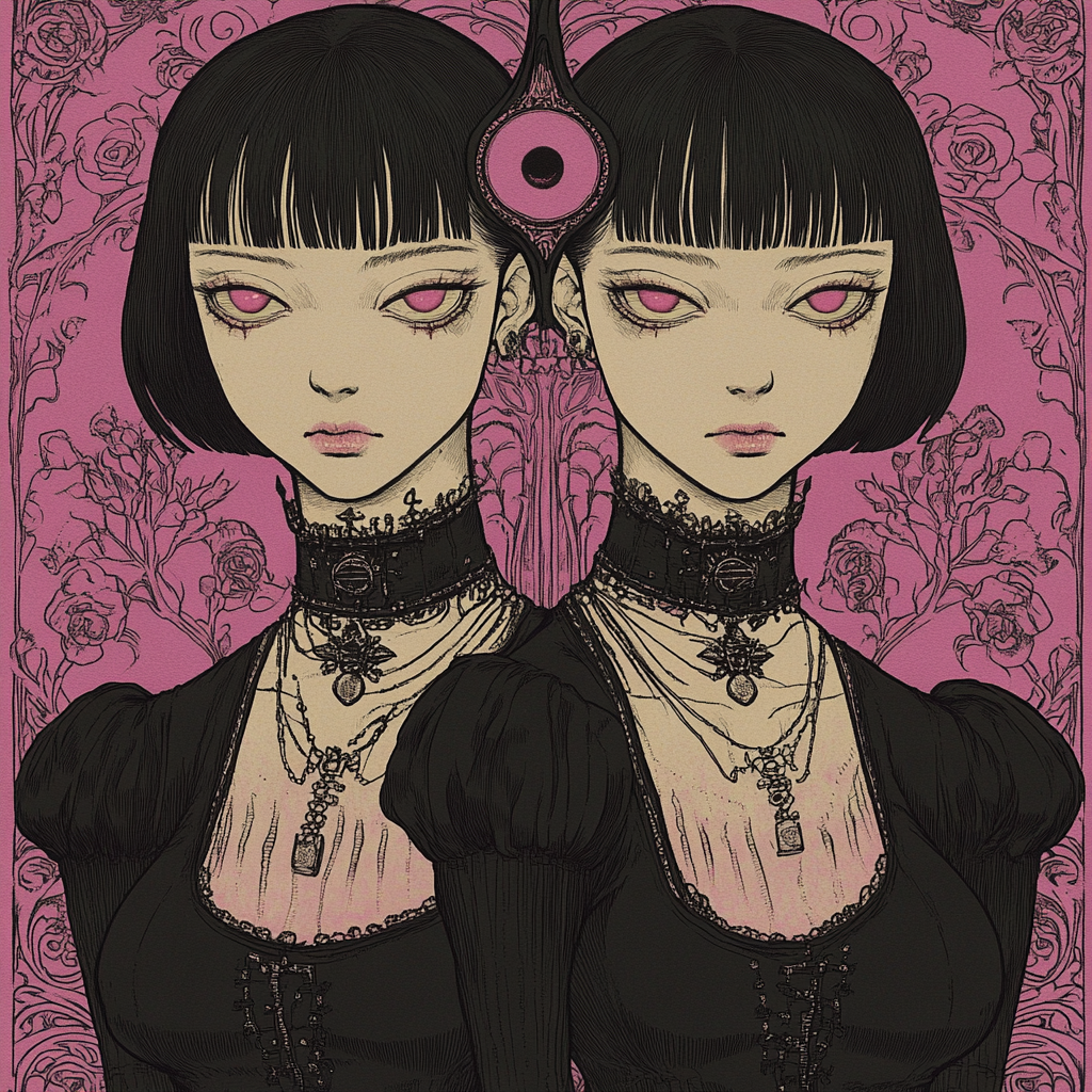 Two women with one eye, goth jewelry, pink background.