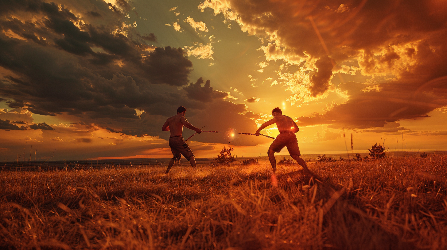 Two wrestlers fight in golden steppe at sunset.