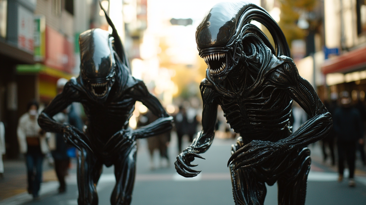 Two xenomorphs in Tokyo, ready to strike unsuspecting humans.